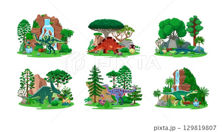 Mother dinosaurs with kids in egg shell. Cartoon vector dino characters in lush prehistoric jungle scenes. Mom reptiles and their hatching babies in vibrant natural habitats of ancient Jurassic era Mother dinosaurs with kids in egg shell. Cartoon vector dino characters in lush prehistoric jungle scenes. Mom reptiles and their hatching babies in vibrant natural habitats of ancient Jurassic era 129819807