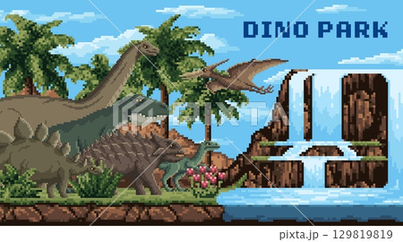 8bit pixel art dino park landscape for game with prehistoric dinosaurs, vector background. Dino park or Jurassic era landscape with 8 bit pixel prehistoric dinosaurs, lizard or reptile and pterodactyl 129819819