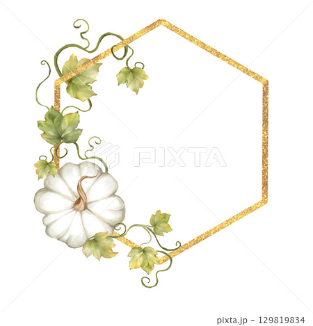 Hand-drawn illustration of a white pumpkin with leaves and vines, framed by a golden glitter hexagon. Autumn and fall designs Hand-drawn illustration of a white pumpkin with leaves and vines, framed by a golden glitter hexagon. Autumn and fall designs 129819834