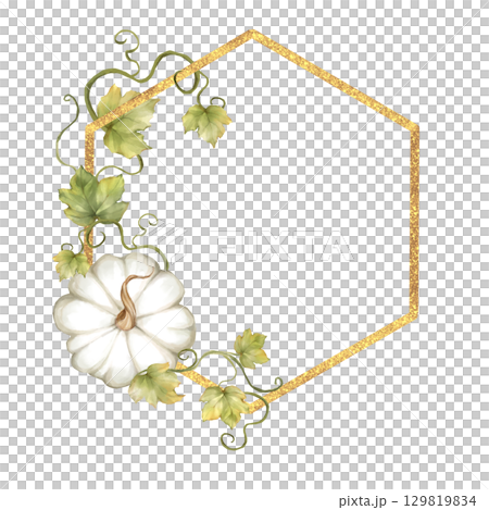 Hand-drawn illustration of a white pumpkin with leaves and vines, framed by a golden glitter hexagon. Autumn and fall designs Hand-drawn illustration of a white pumpkin with leaves and vines, framed by a golden glitter hexagon. Autumn and fall designs 129819834