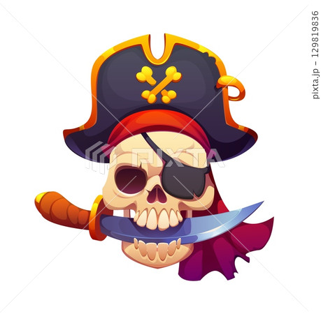Caribbean pirates game, cartoon skull in corsair captain tricorne hat, vector heraldry. Caribbean pirates adventure game skeleton skull in bandana with crossbones, corsair eyepatch and dagger in jaw 129819836