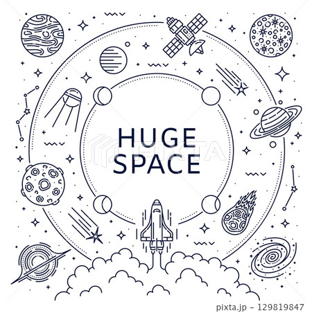 Line solar system galaxy landscape with space rocket starts to alien planets. Vector linear launching shuttle, moon phases, meteor, comet, satellite and galaxies arranged in circular monochrome layout 129819847