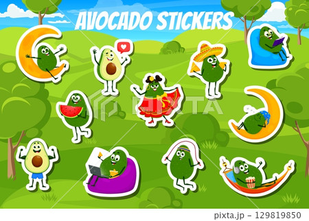 Stickers pack of cartoon avocado characters dancing, relaxing, reading, working, eating, sleeping and wearing Mexican costumes. Vector bright, whimsical patches for kids with tex mex food personages Stickers pack of cartoon avocado characters dancing, relaxing, reading, working, eating, sleeping and wearing Mexican costumes. Vector bright, whimsical patches for kids with tex mex food personages 129819850