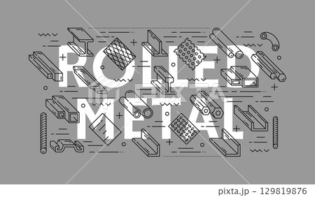 Steel and aluminum rolled metal products icons. Monochrome industrial linear signs featuring types of profiles like beams, sheets, tubes and bars for metalworking, engineering or manufacturing works 129819876