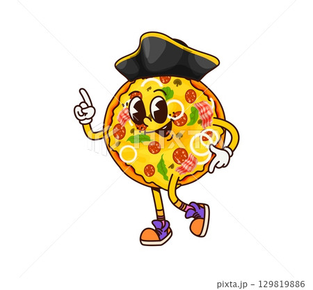 Cartoon groovy fast food pirate or pizza corsair character with funny face, vector personage. Groovy pizza pirate or Caribbean corsair in captain tricorn hat, fast food sailor character with smile 129819886