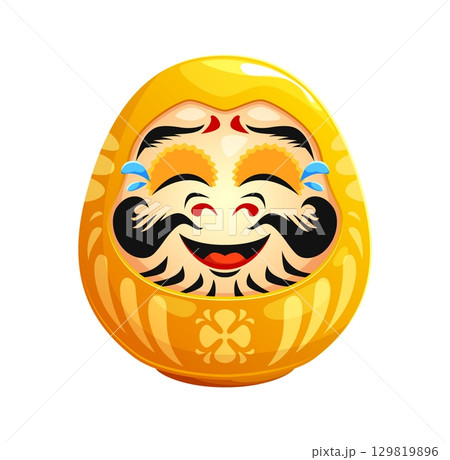 Daruma Japanese doll of Japan culture and talisman with laughing face, cartoon vector. Golden or yellow Daruma doll symbol of honour, fame or fortune, beauty, success or wealth in Japanese art 129819896