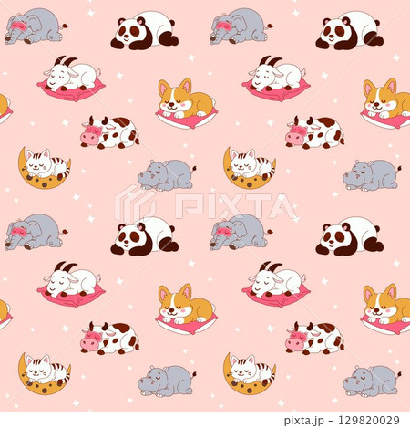 Seamless Pattern with Cute Sleeping Animals on Pink Background Seamless Pattern with Cute Sleeping Animals on Pink Background 129820029