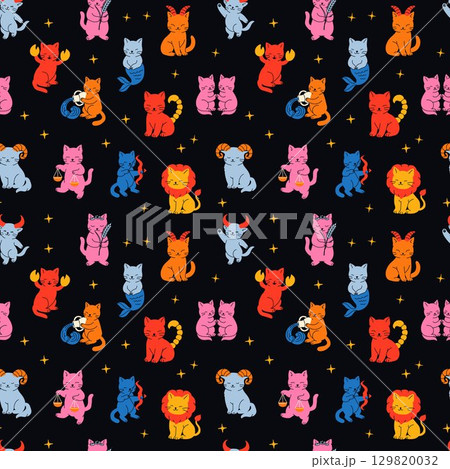 Seamless Zodiac Cats Pattern with Astrology and Horoscope Symbols Seamless Zodiac Cats Pattern with Astrology and Horoscope Symbols 129820032