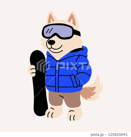 Winter Sports Dog in Ski Goggles and Puffer Jacket	 129820041