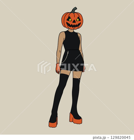 Stylish Halloween Girl with Pumpkin Head and Thigh Highs	 129820045