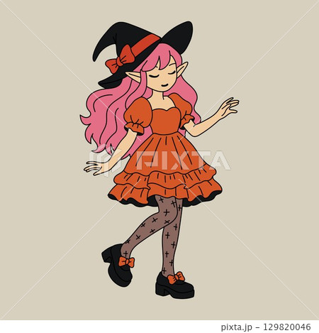 Halloween Witch Character with Pink Hair and Bow Hat Halloween Witch Character with Pink Hair and Bow Hat 129820046