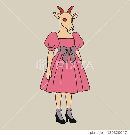 Character with goat head wearing pink puff sleeve dress with large bow frilly socks and black heels Character with goat head wearing pink puff sleeve dress with large bow frilly socks and black heels 129820047