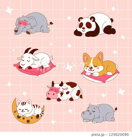 Cartoon Animals Sleeping on Pillows and Moon in Kawaii Style	 129820090