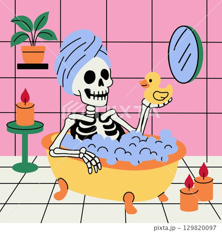Funny Skeleton Taking a Bubble Bath with Rubber Duck 129820097