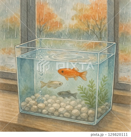 窓辺の金魚鉢/秋景色のイラスト　Generative AI 129820111