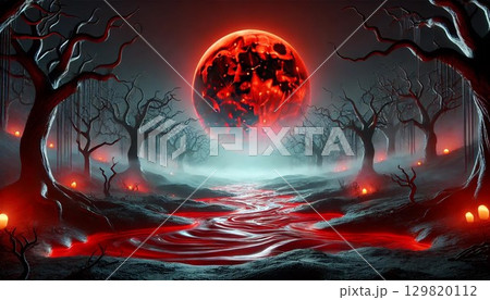 赤い月と不気味な木々のある恐ろしいハロウィンの夜のシーン 129820112