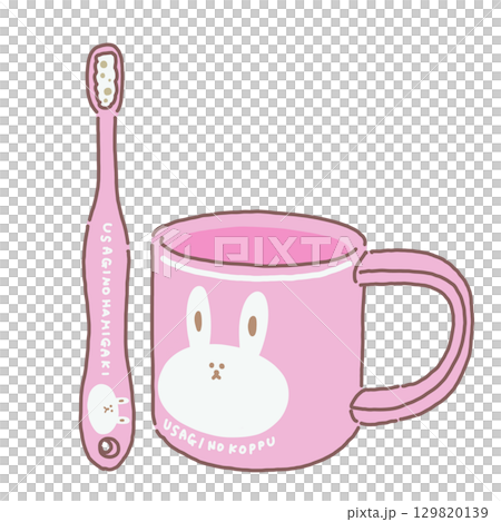 A pink toothbrush and cup set with a rabbit design A pink toothbrush and cup set with a rabbit design 129820139