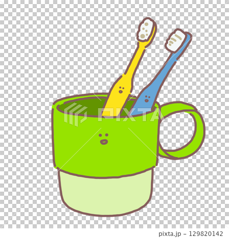 みどり色のコップに黄色と青色の歯ブラシが立っているイラスト 129820142