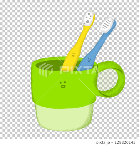 みどり色のコップに黄色と青色の歯ブラシが立っているイラスト 129820143