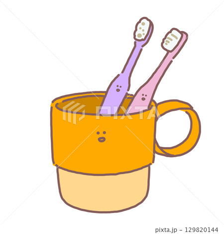 オレンジ色のコップに紫色とピンク色の歯ブラシが立っているイラスト 129820144
