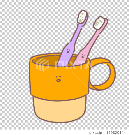 オレンジ色のコップに紫色とピンク色の歯ブラシが立っているイラスト 129820144