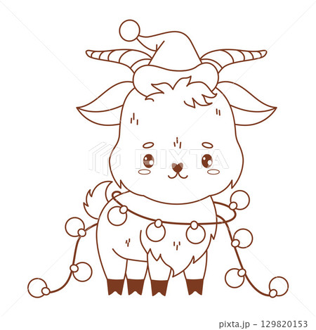 Outline Cute Christmas Goat in Santa Hat with Festive Garland Balloons. New Year Funny Farm Animal character. Line drawing, coloring book. Vector illustration. Kids collection. Not AI 129820153
