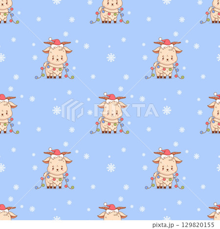Seamless pattern Cute Christmas Goat in Santa Hat with Festive Garland Balloons on blue background with Snowflakes. Adorable New Year Farm kawaii Animal character. Vector illustration. Not AI 129820155