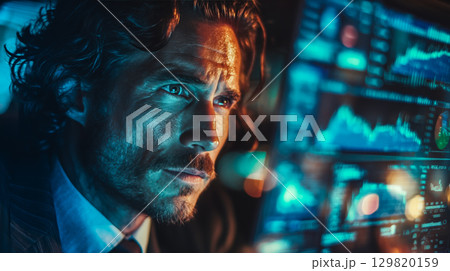 A businessman interacts with a financial graph screen display. The concept of investment, economic growth, and digital financial analysis. Generative AI. 129820159