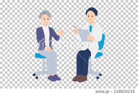 一位男醫生和一位高級女病人正在進行採訪[人物向量插圖素材] 129820238