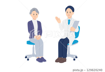 診断・説明する男性医師とシニアの女性患者【人物ベクターイラスト素材】 診断・説明する男性医師とシニアの女性患者【人物ベクターイラスト素材】 129820240