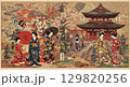 日本文化を浮世絵風にまとめたイラスト 129820256