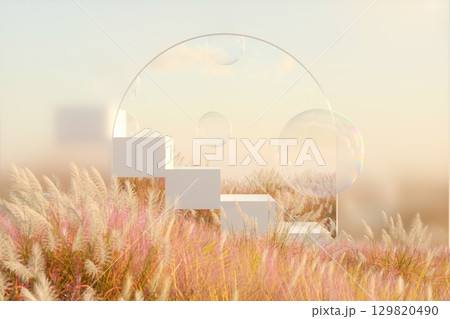 Abstract autumn landscape scene with a podium for product display. 3d rendering 129820490