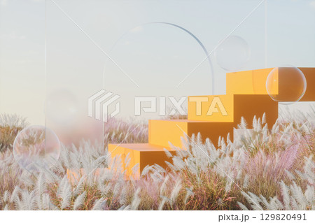 Abstract autumn landscape scene with a podium for product display. 3d rendering Abstract autumn landscape scene with a podium for product display. 3d rendering 129820491
