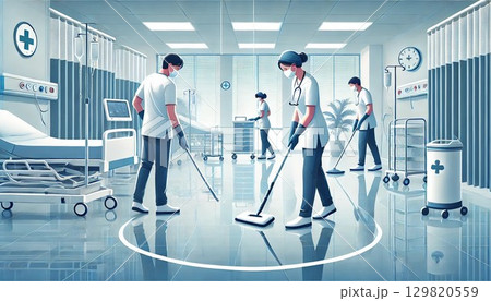 ピカピカの床を清掃する現代的な病院スタッフ 129820559