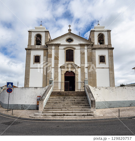 Old Sao Pedro Church facade and staircase in Palmela, Portugal under a blue cloudy sky near Setubal Old Sao Pedro Church facade and staircase in Palmela, Portugal under a blue cloudy sky near Setubal 129820757