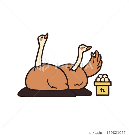 見上げているダチョウと団子を食べているダチョウのカラーイラスト 見上げているダチョウと団子を食べているダチョウのカラーイラスト 129821055