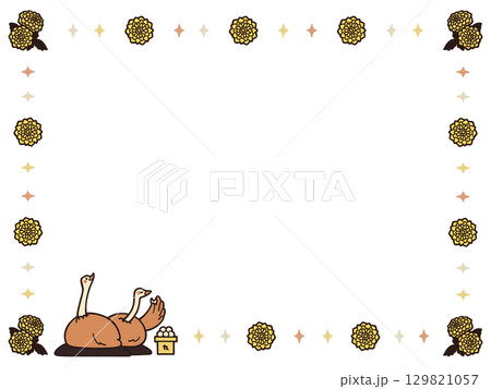 ダリアを月に見立ててお月見しているダチョウのフレームイラスト 129821057
