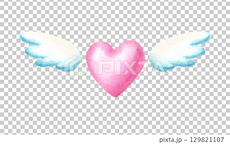 Heart with wings in cute naive style. Watercolor hand drawn illustration for Valentine's Day decor Heart with wings in cute naive style. Watercolor hand drawn illustration for Valentine's Day decor 129821107