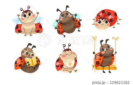 Charming Cute Cartoon Ladybugs Engaging in Various Fun and Entertaining Activities Charming Cute Cartoon Ladybugs Engaging in Various Fun and Entertaining Activities 129821162