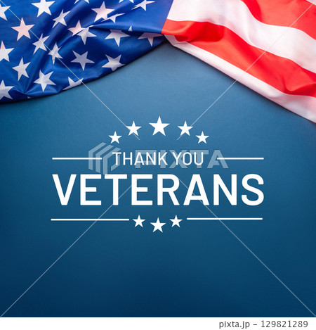 Veterans day. Blue background with American flag. Website banner and greeting card design template. 129821289