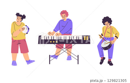A Colorful Musical Trio Enthusiastically Playing Various Instruments Together in Harmony 129821305