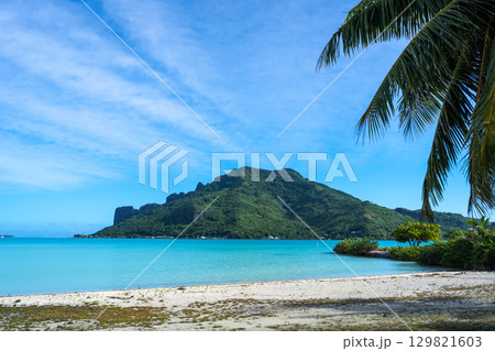 Scenic View of Maupiti Island from a Tropical Beach in French Polynesia 129821603
