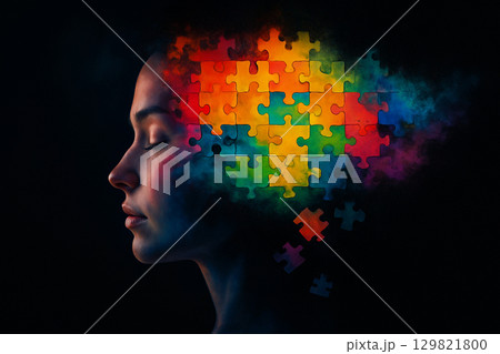 AI generated conceptual art of female profile with brain represented as colorful puzzle pieces symbolizing memory creativity and problem solving against dark background 129821800