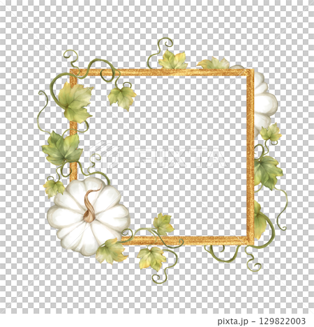 Hand-drawn illustration of a white pumpkin with leaves and vines, framed by a golden glitter square 129822003
