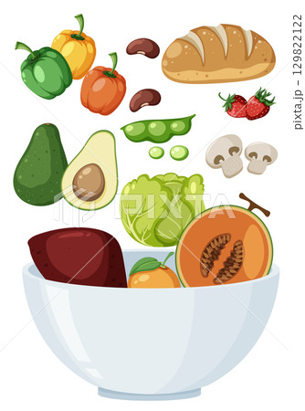 Fresh Vegetables and Fruits Falling Into Salad Bowl 129822122