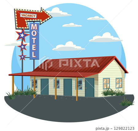 Retro Roadside Motel With Vacancy Sign Illustration 129822123