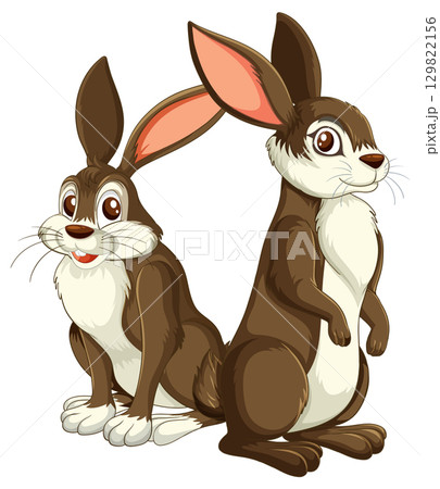 Two Cartoon Brown Rabbits Sitting and Standing Together 129822156