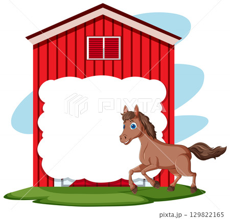 Cute Horse Near Red Barn Illustration 129822165