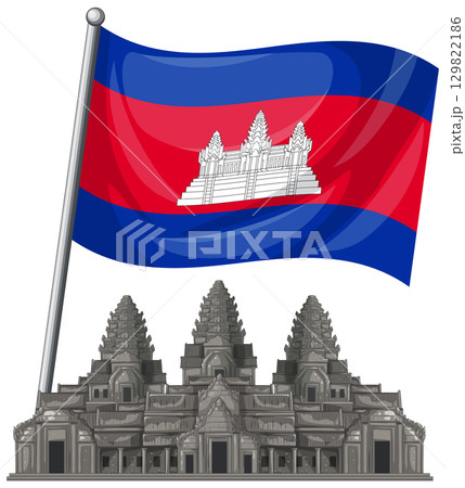 Cambodia Flag and Angkor Wat Vector Illustration 129822186