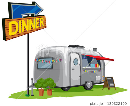 Retro Food Truck with Dinner Sign Illustration Retro Food Truck with Dinner Sign Illustration 129822190